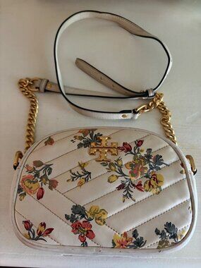 Tory Burch Kira Chevron Quilted Leather Rose Floral Crossbody Chain Camera Bag